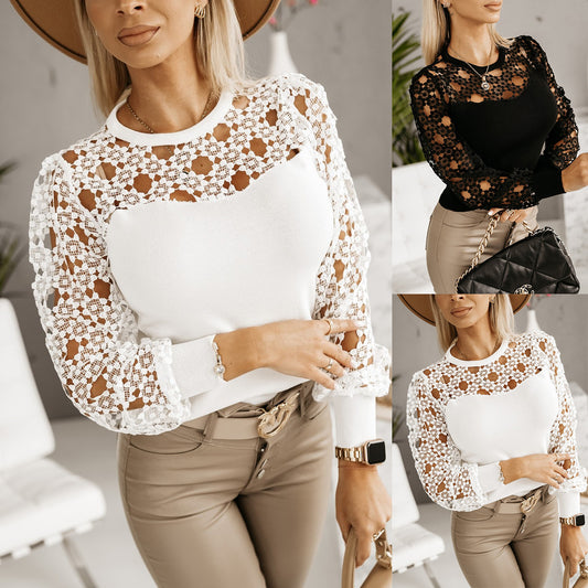 Sexy Hollow Out Lace Lace Patchwork Round Neck Long Sleeve Shirt